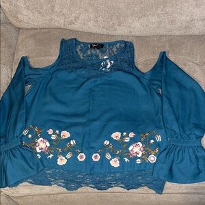 Jessica Simpson Teal Lace Cold Shoulder Blouse with Floral Design